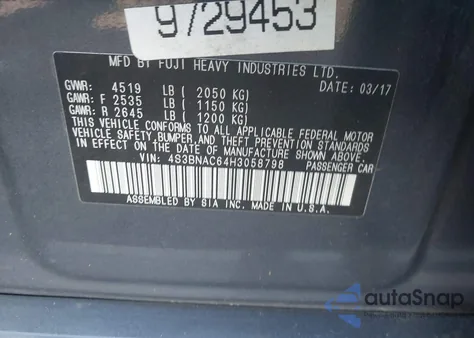 2017 Subaru Legacy 2.5I Premium из США, поврежденный, VIN 4S3BNAC64H3058798